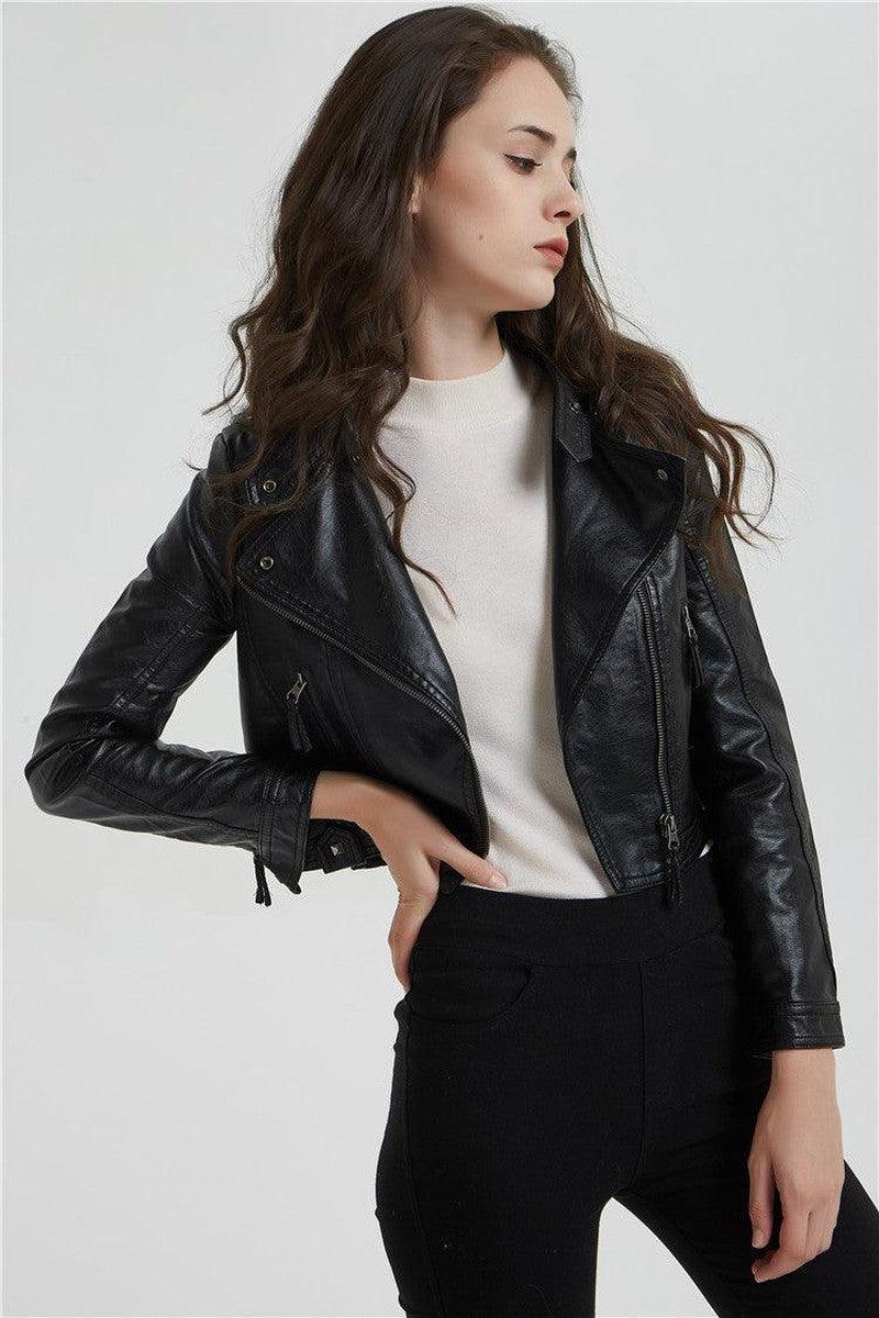 Cheky - Fashion Women's Short Jacket With Washed Leather And Rivets