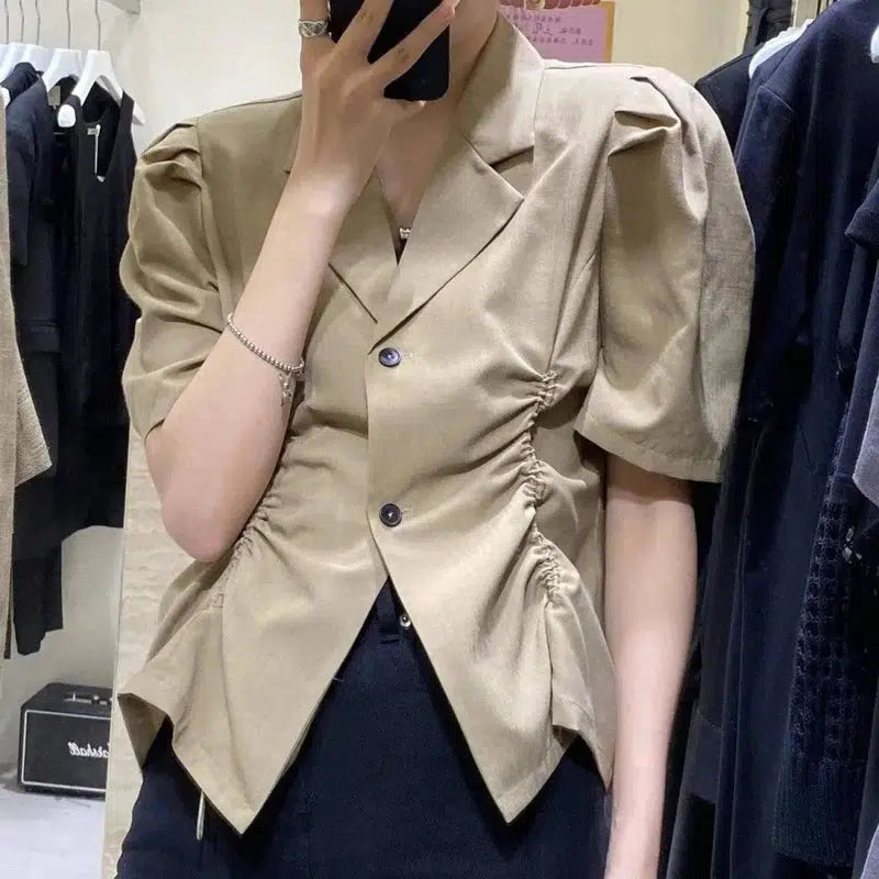 Cheky - French V-Drawstring Folded Waist Blouse Women's Suit Collar