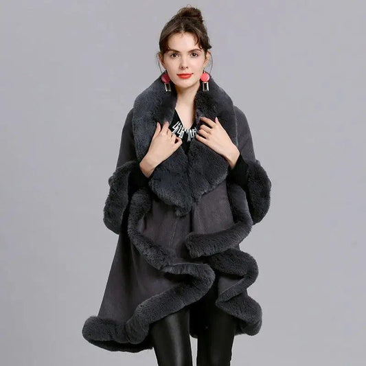 Cheky - Fur Shawl And Fur Collar Knitted Cardigan Shawl Cloak