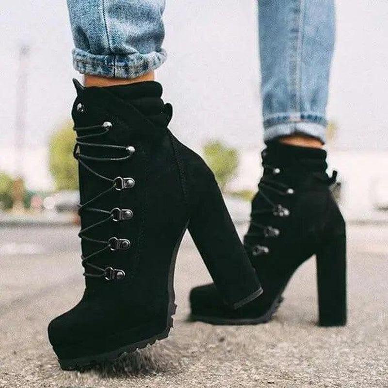 Cheky - Heeled Boots For Women Round Toe Lace UP High Heels Boots