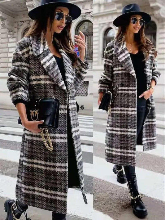 Cheky - Lapel Thick Loose Plaid Woolen Coat Jacket