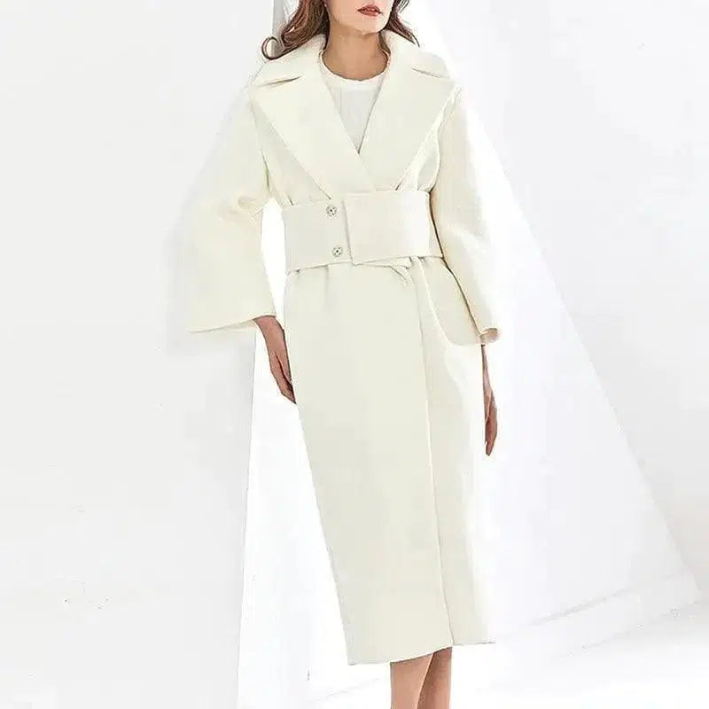 Cheky - Lapel Waist White Mid-length Woolen Coat