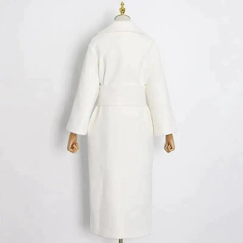 Cheky - Lapel Waist White Mid-length Woolen Coat