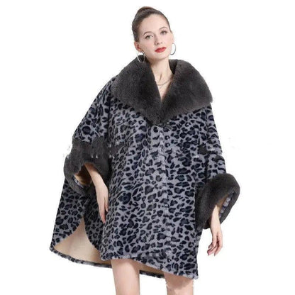 Cheky - Leopard Print Big Hair Leader Mouth Cardigan Cape Women