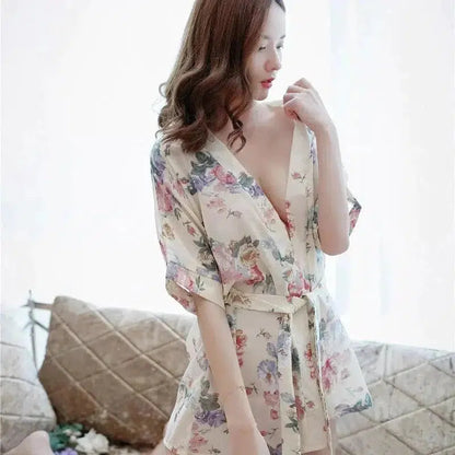 Cheky - Lingerie Sexy Pajamas Transparent Chiffon Bathrobe Kimono