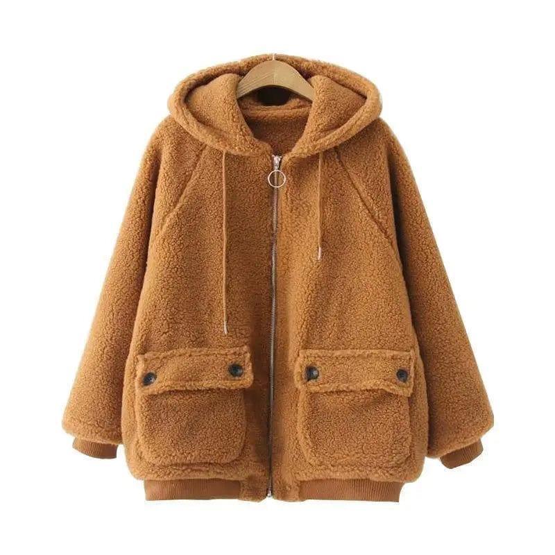 Cheky - Loose Hooded Warm Lamb Fur Jacket