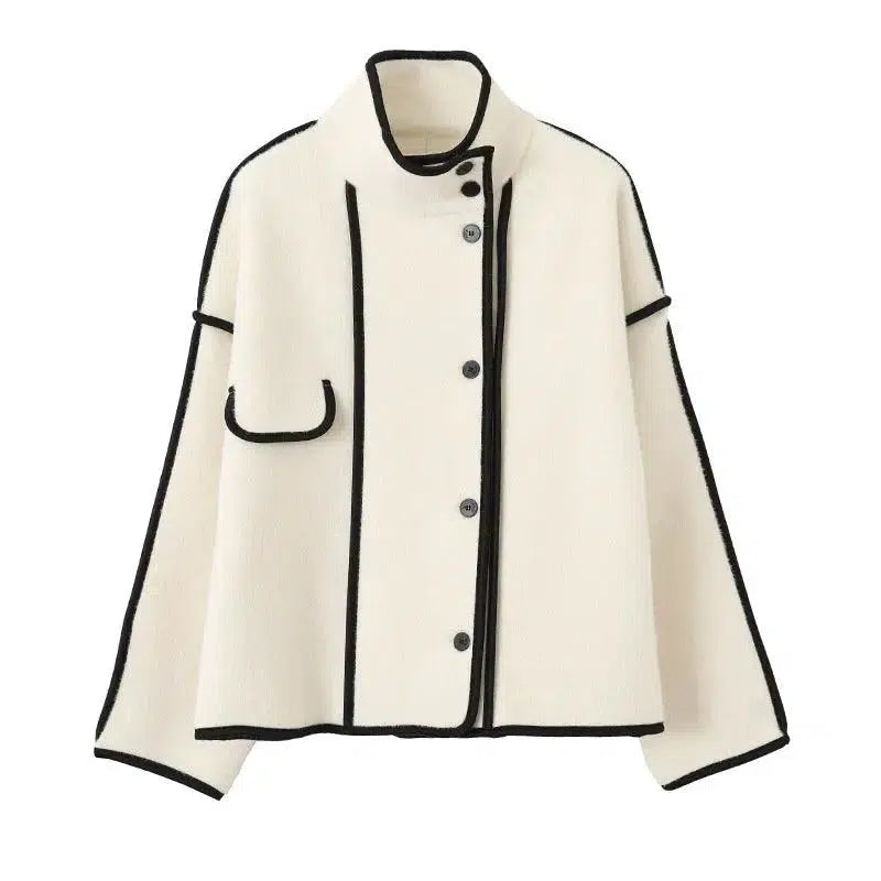 Cheky - Contrasting Hem Stand Collar Cropped Coat