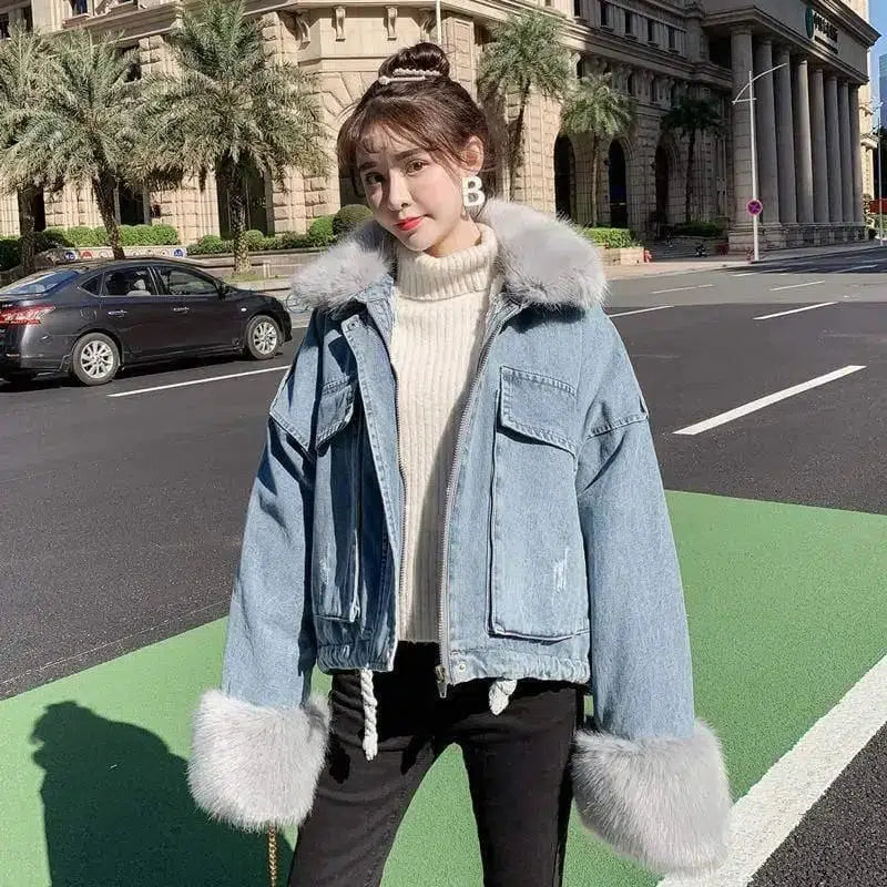 Cheky - Detachable rabbit fur two-piece denim coat