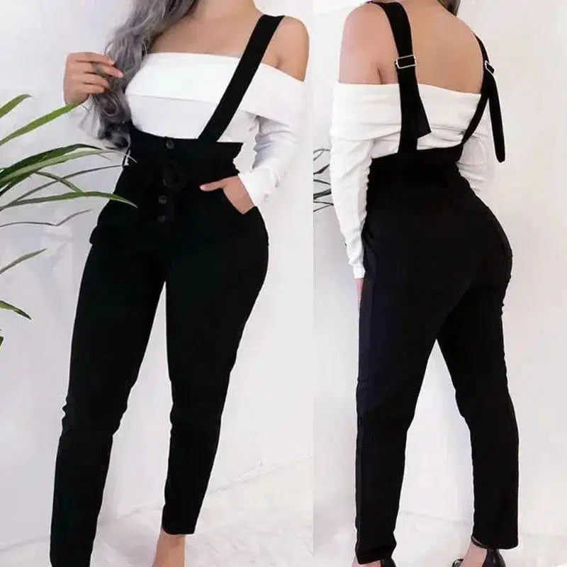 Cheky - Women's high waist casual jumpsuit suspenders