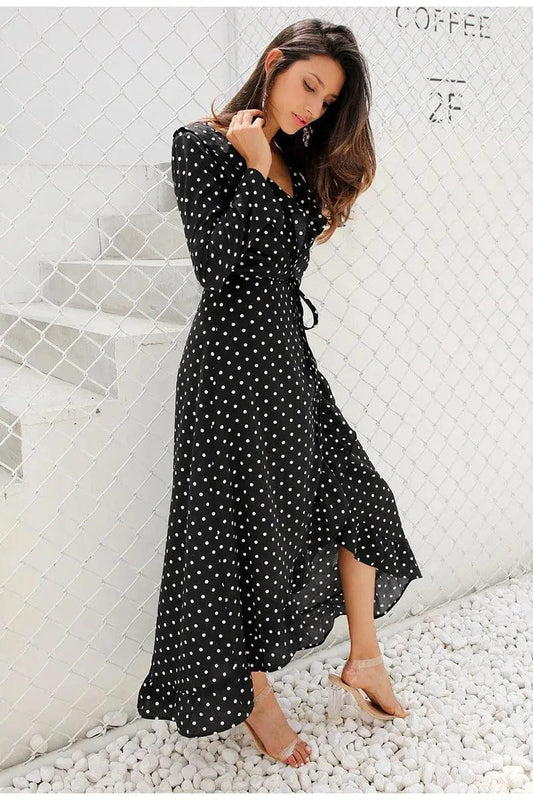 Cheky - Long sleeve polka dot ruffled split dress black dress maxi