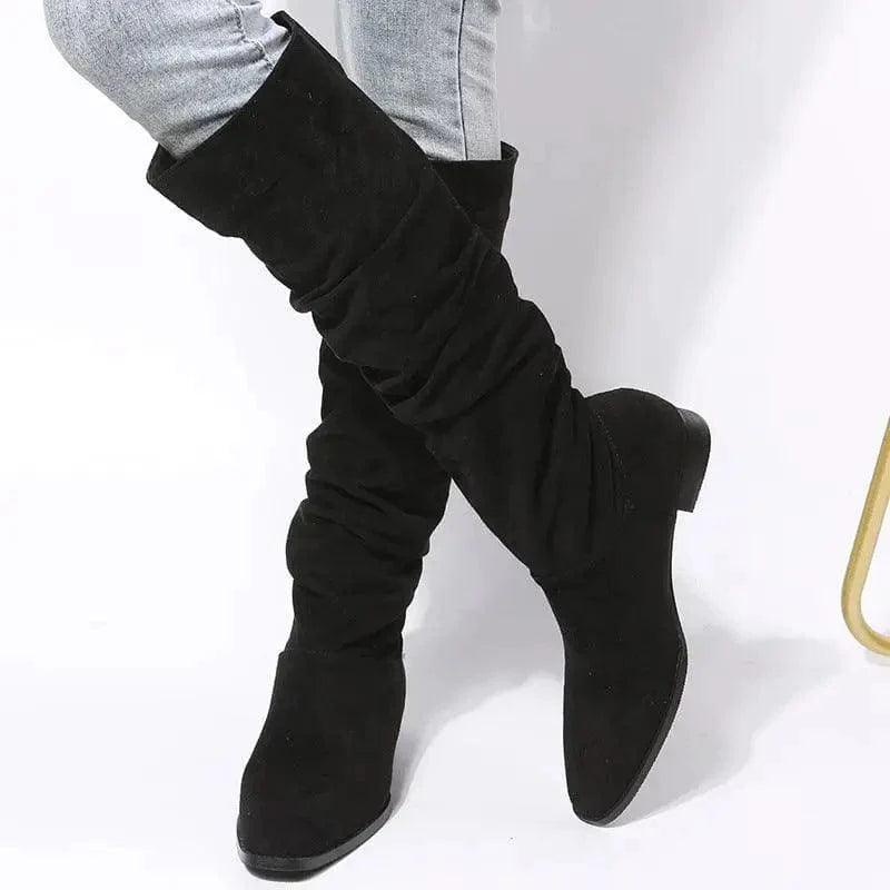 Cheky - Low Heel Boot Women Faux Suede Pointed Toe Boots Pleated