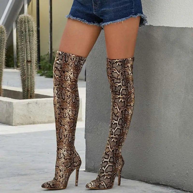 Cheky - Pointed Print Stiletto Heel Over The Knee Stretch Boots Women