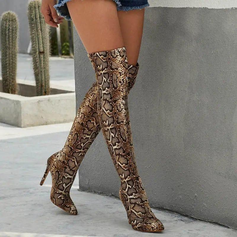 Cheky - Pointed Print Stiletto Heel Over The Knee Stretch Boots Women