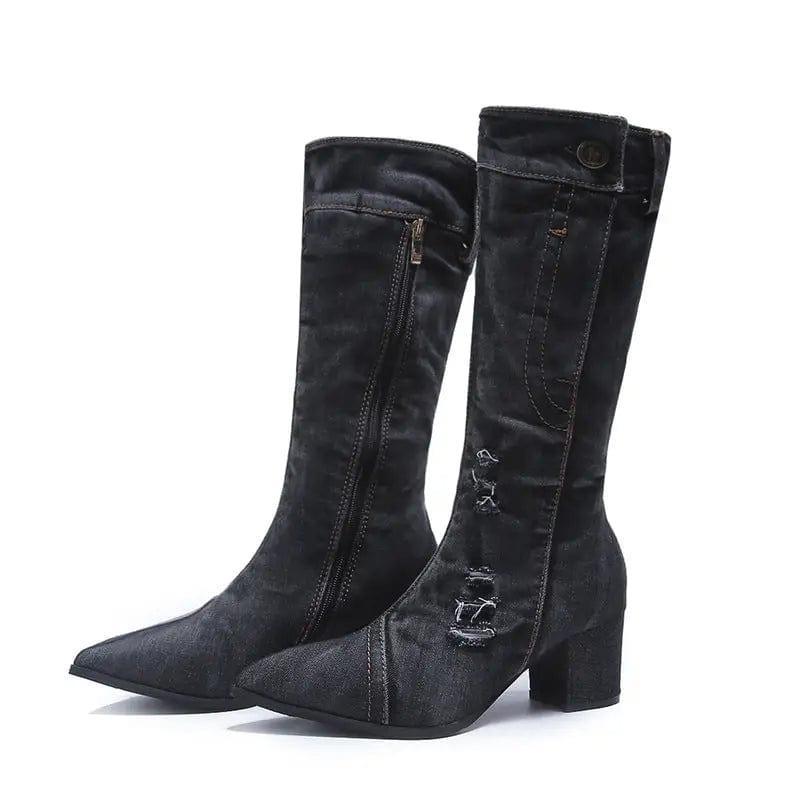 Cheky - Pointed Toe Thick Heel Denim High Boots For Women