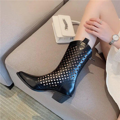 Cheky - Pointed Western Cowboy Boots Women Thin Hollow Knight Thick Heel Net Boots Sandals