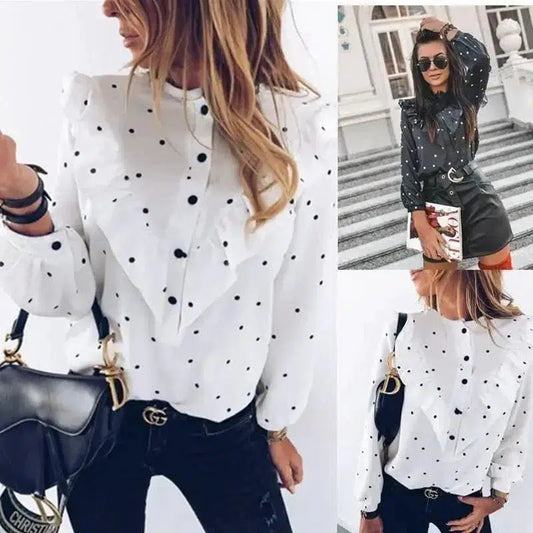 Cheky - Ruffled Long Sleeve Polka Dot Shirt