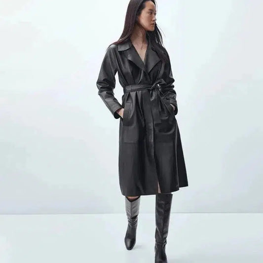 Cheky - Stylish Belted Faux Leather Trench Coat