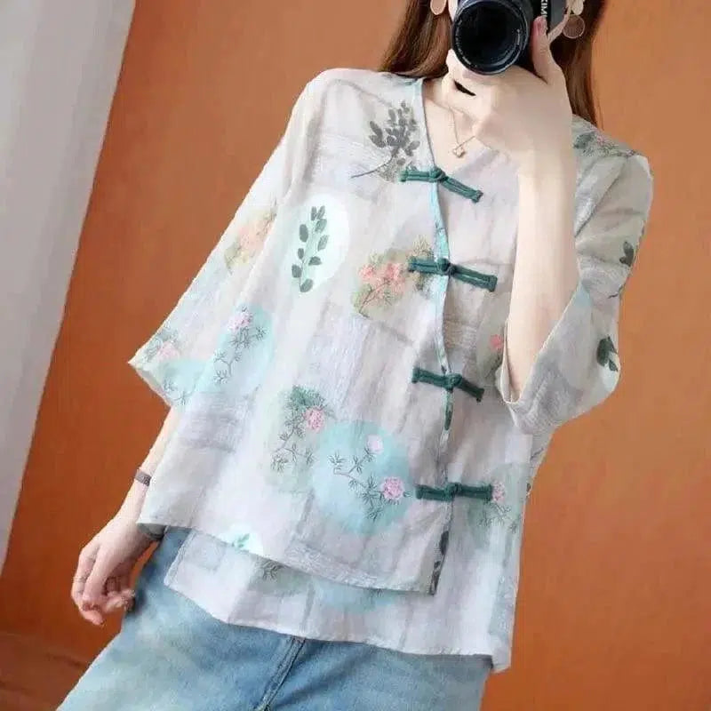 Cheky - Summer retro printed cotton and linen shirt