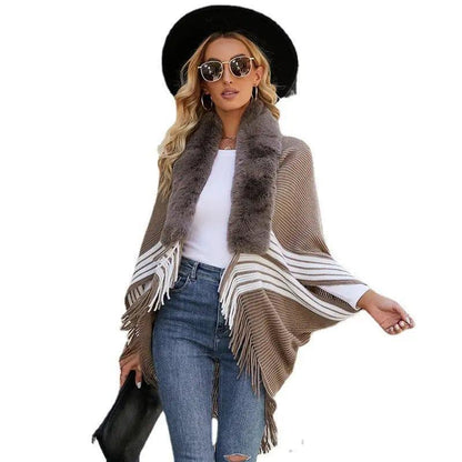 Cheky - Tassel Cape And Shawl Women's Striped Fur Collar Scarf