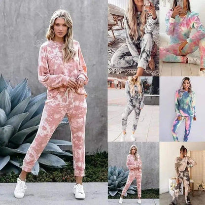 Cheky - Tie-Dye Printed Round Neck Long-Sleeved Casual Suit