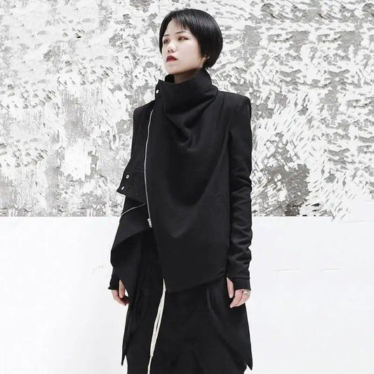 Cheky - Turtleneck Long Sleeve Black Zip Irregular Coat