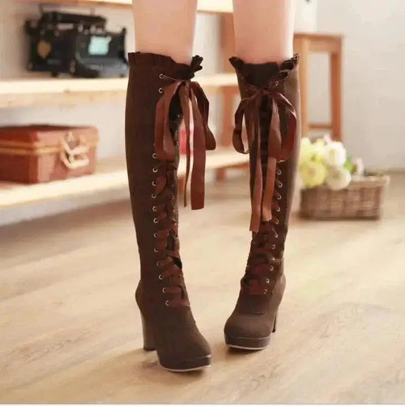 Cheky - Velvet Strappy High Heels Tall Boots For Women