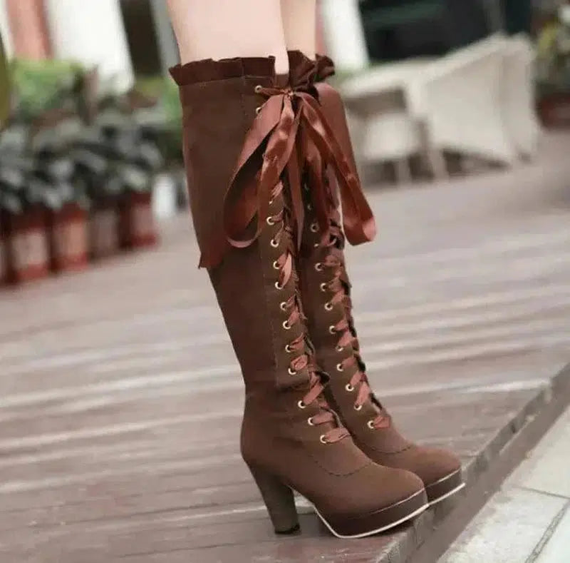 Cheky - Velvet Strappy High Heels Tall Boots For Women