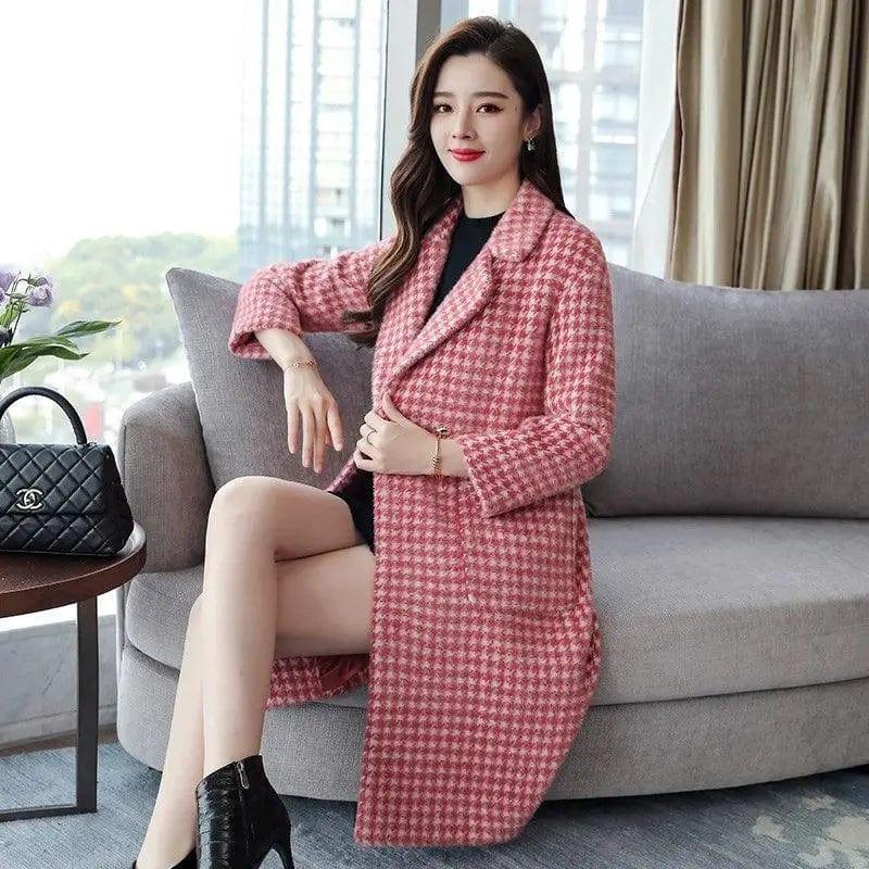 Cheky - Winter mid-length plaid wool coat with POLO collar