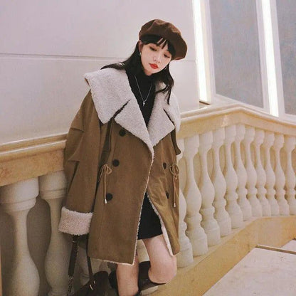 Cheky - Winter New Mid-length Lamb Wool Coat With Large Lapel