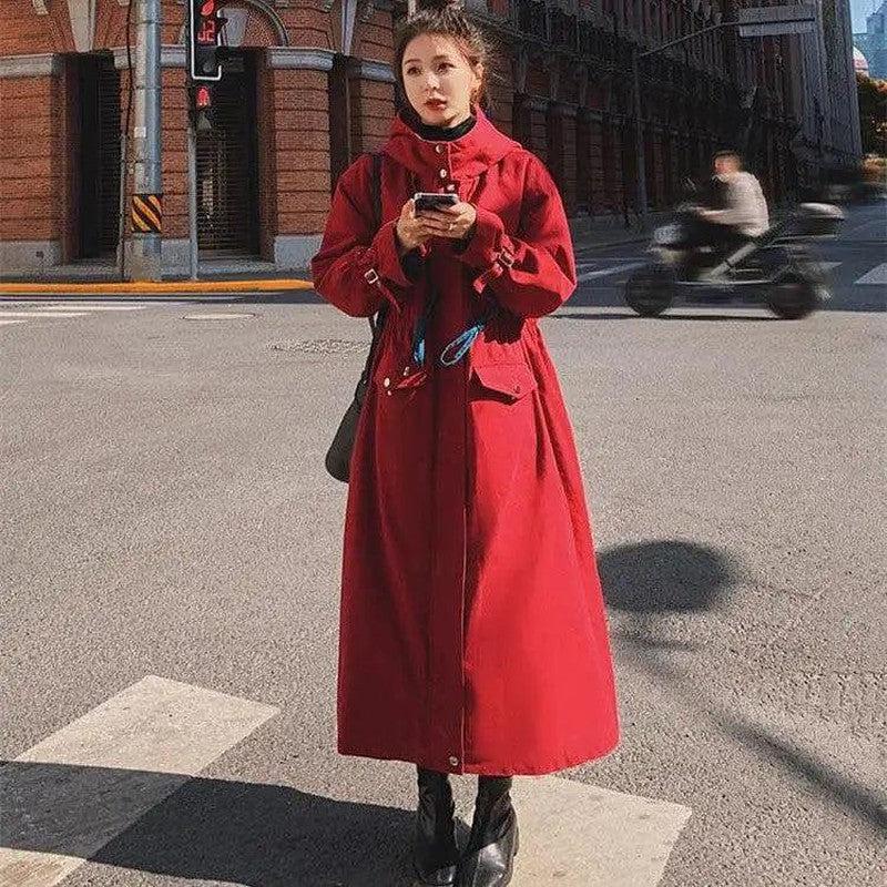 Cheky - Winter Women's New British Style Hooded Red Cotton Long Coat