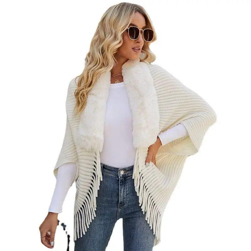 Cheky - Women's Fur Collar Tassel Shawl Knitted