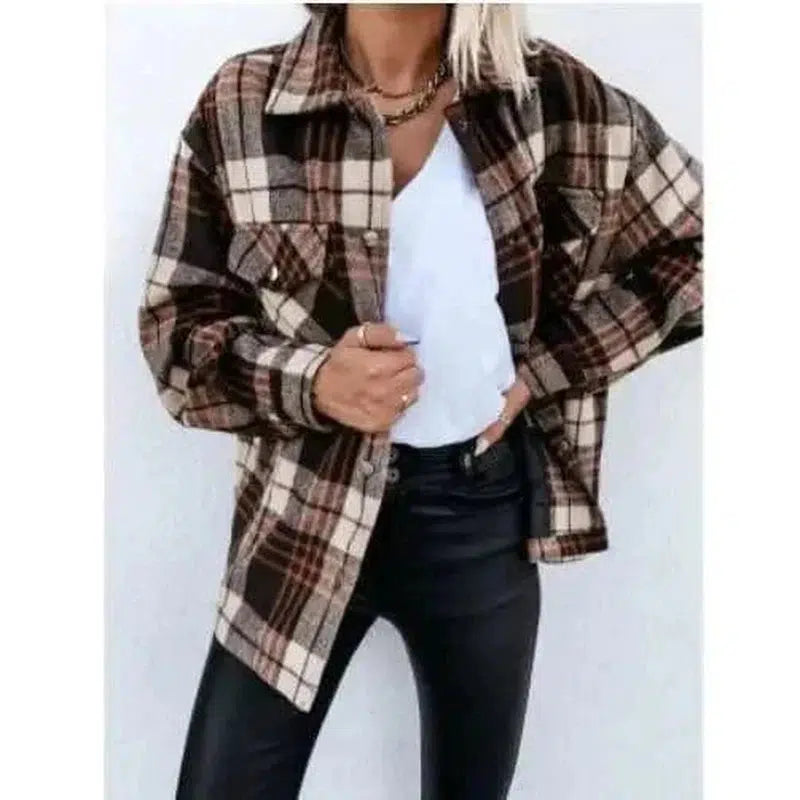 Cheky - Women's Long-sleeved Plaid Print Mid-length Shirt Jacket