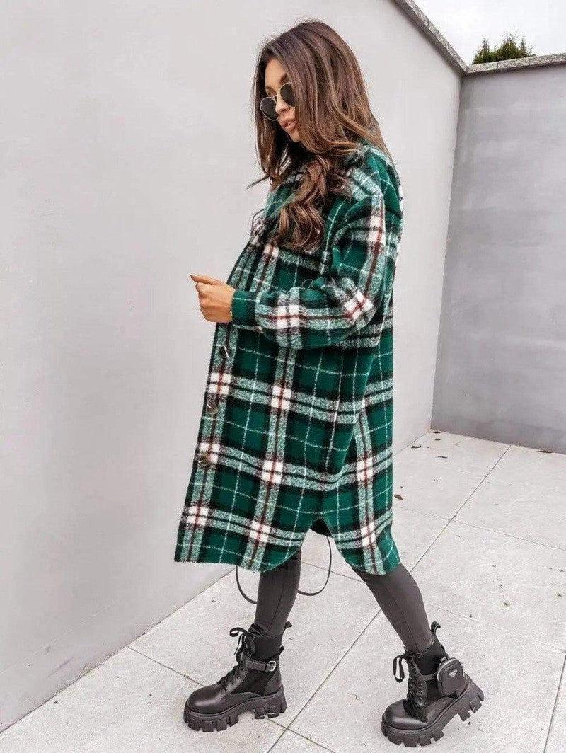 Cheky - Women's Long-sleeved Plaid Print Mid-length Shirt Jacket