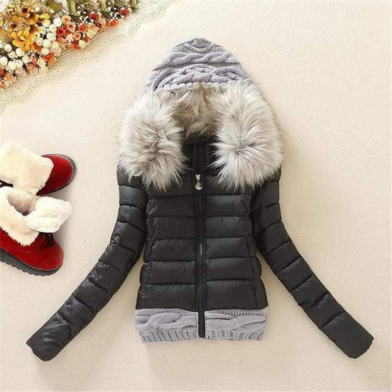 Cheky - Wool stitching cotton coat fur collar hooded slim cotton